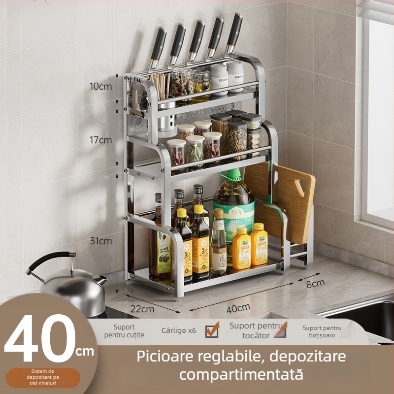 Raft de bucătărie pe blat pentru condimente, suport pentru bețișoare și cuțite, organizator pentru tocător, spațiu multifuncțional de depozitare pentru borcane cu condimente