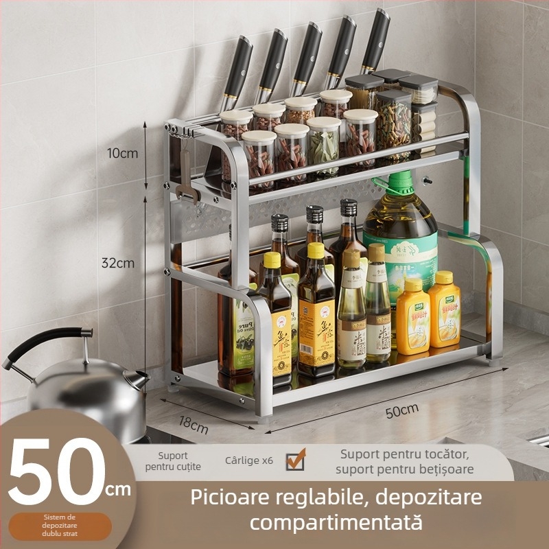 Raft de bucătărie pe blat pentru condimente, suport pentru bețișoare și cuțite, organizator pentru tocător, spațiu multifuncțional de depozitare pentru borcane cu condimente