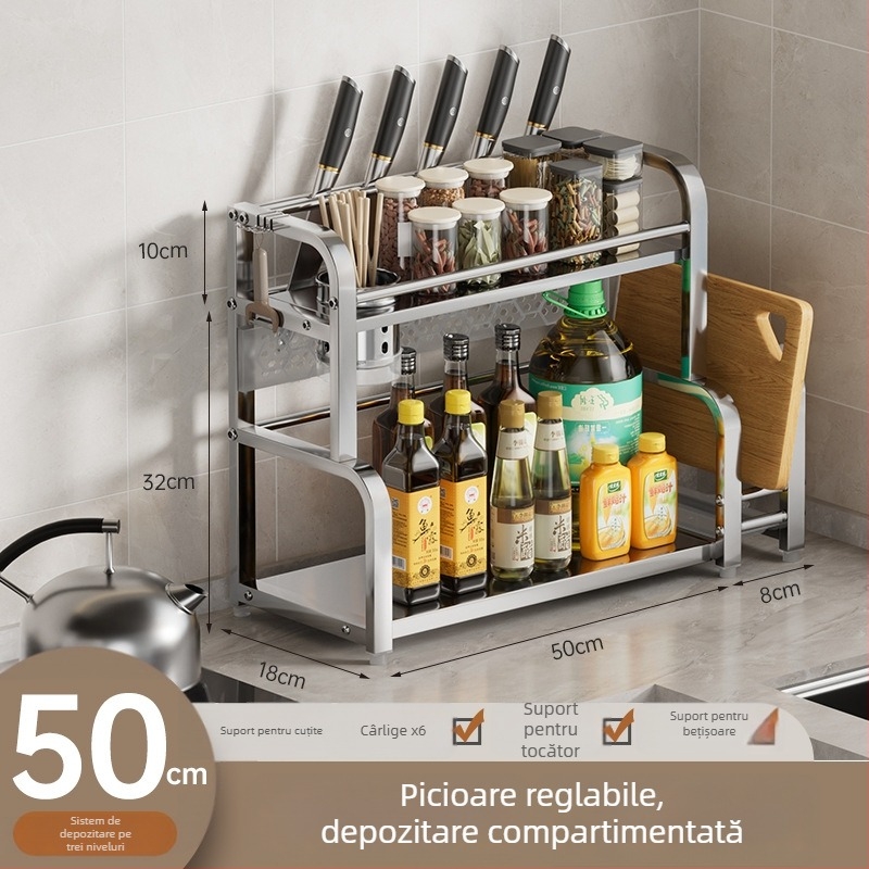 Raft de bucătărie pe blat pentru condimente, suport pentru bețișoare și cuțite, organizator pentru tocător, spațiu multifuncțional de depozitare pentru borcane cu condimente