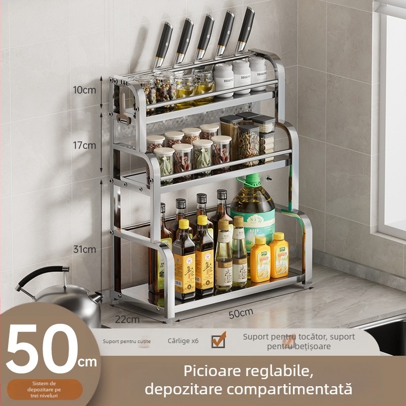 Raft de bucătărie pe blat pentru condimente, suport pentru bețișoare și cuțite, organizator pentru tocător, spațiu multifuncțional de depozitare pentru borcane cu condimente