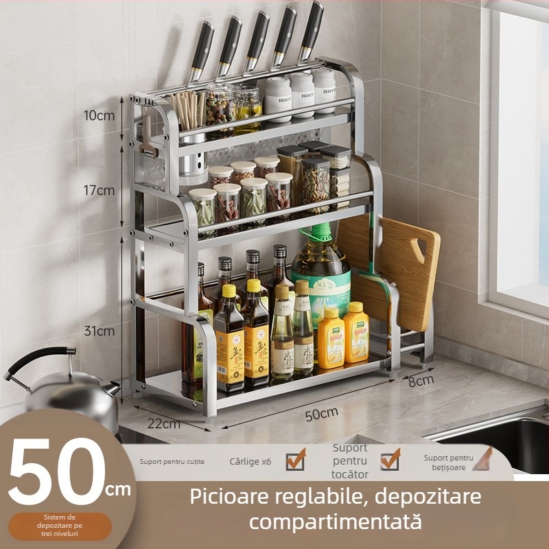 Raft de bucătărie pe blat pentru condimente, suport pentru bețișoare și cuțite, organizator pentru tocător, spațiu multifuncțional de depozitare pentru borcane cu condimente