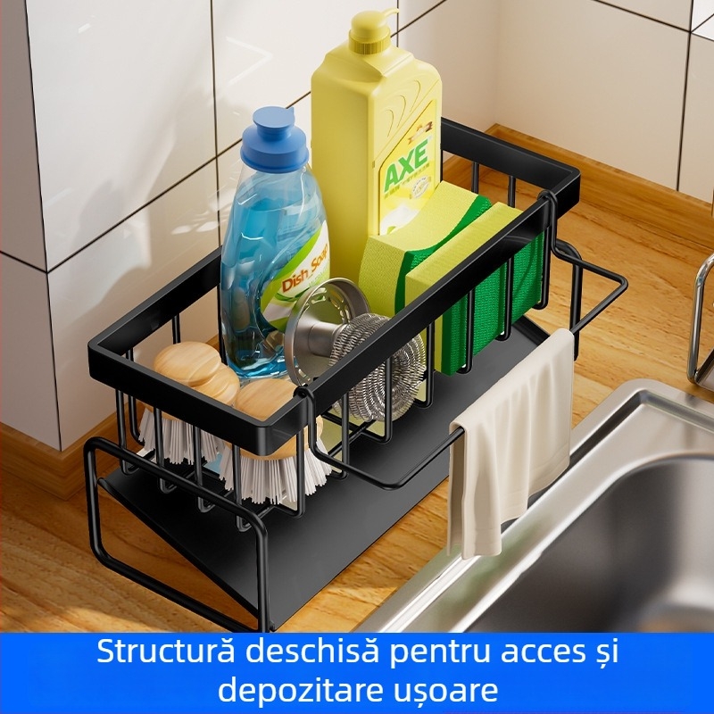 Raft de bucătărie din oțel cu carbon, minimalist, pentru drenaj, depozitare bureți și detergent