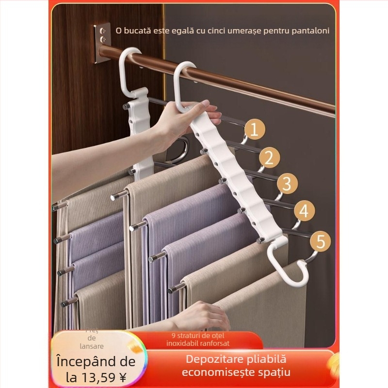 Umeraș pliabil pentru pantaloni — suport multifunctional cu clips, organizator anti-derapare pentru garderobă