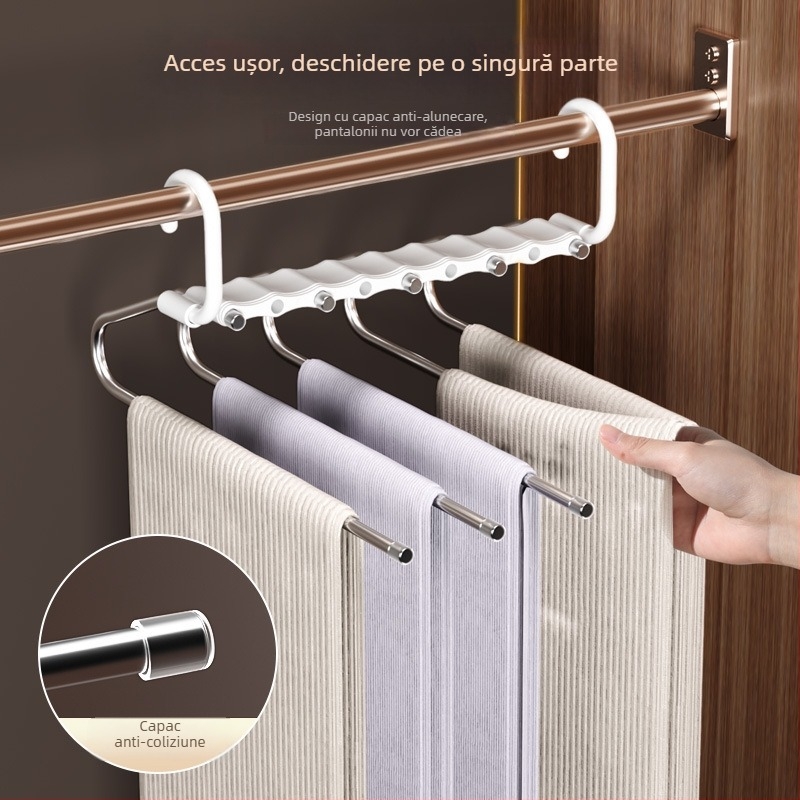 Umeraș pliabil pentru pantaloni — suport multifunctional cu clips, organizator anti-derapare pentru garderobă