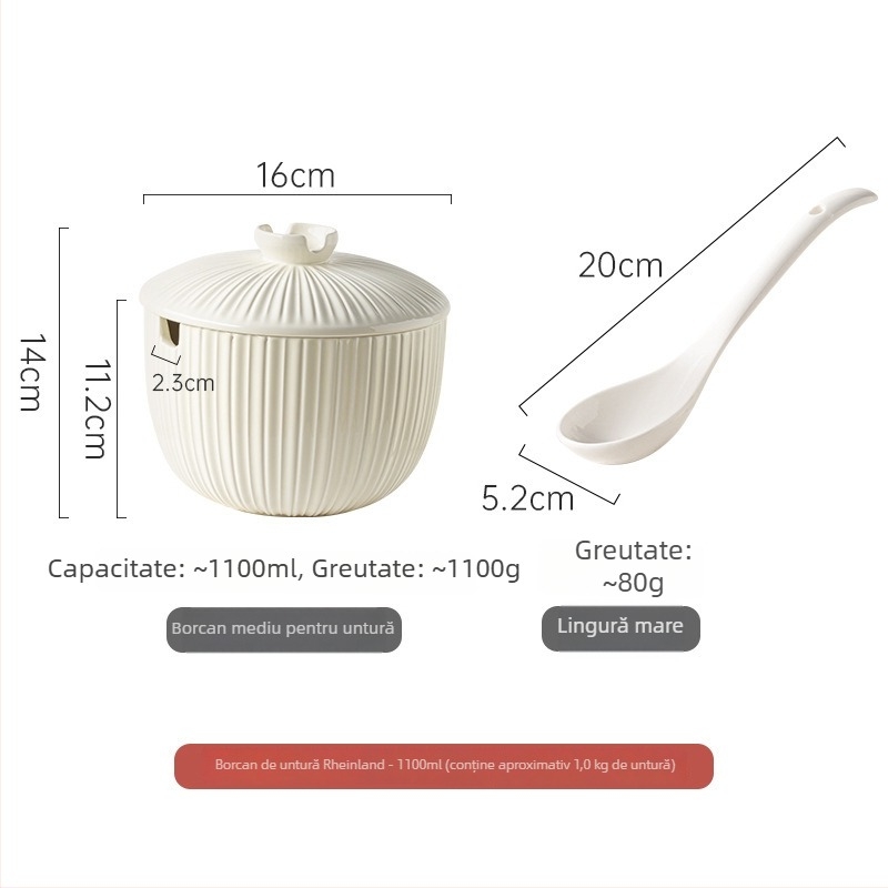 Borcan ceramic pentru slănină, cu capac și linguriță, rezistent la temperaturi înalte, capacitate mare pentru ardei iuți și condimente