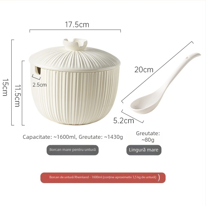 Borcan ceramic pentru slănină, cu capac și linguriță, rezistent la temperaturi înalte, capacitate mare pentru ardei iuți și condimente