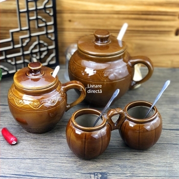 Solniță ceramică în stil retro, recipient din ceramică monobloc pentru sare și condimente, volum mare