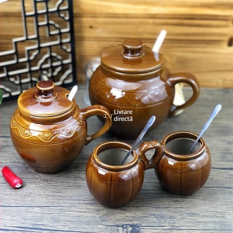 Solniță ceramică în stil retro, recipient din ceramică monobloc pentru sare și condimente, volum mare