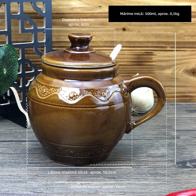 Solniță ceramică în stil retro, recipient din ceramică monobloc pentru sare și condimente, volum mare