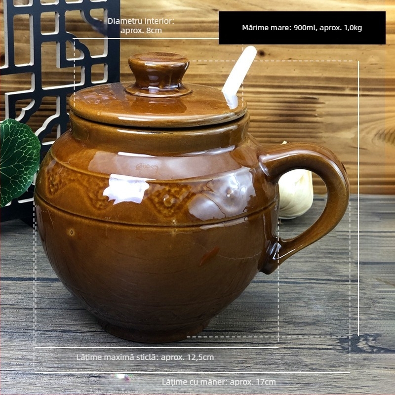 Solniță ceramică în stil retro, recipient din ceramică monobloc pentru sare și condimente, volum mare