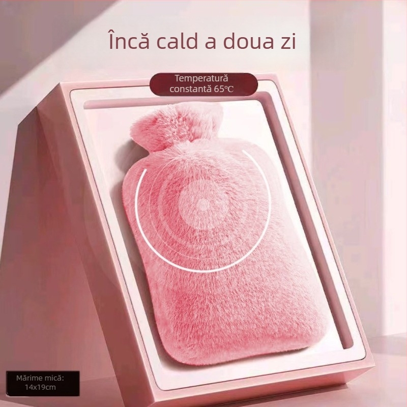 Borcanelă de apă caldă cu husă plușată, design îngroșat, temperatură reglabilă, compresie caldă pentru abdomen, umeri, gât, picioare și mâini
