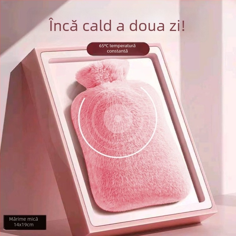 Borcanelă de apă caldă cu husă plușată, design îngroșat, temperatură reglabilă, compresie caldă pentru abdomen, umeri, gât, picioare și mâini