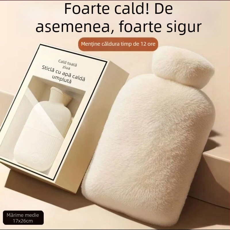 Borcanelă de apă caldă cu husă plușată, design îngroșat, temperatură reglabilă, compresie caldă pentru abdomen, umeri, gât, picioare și mâini