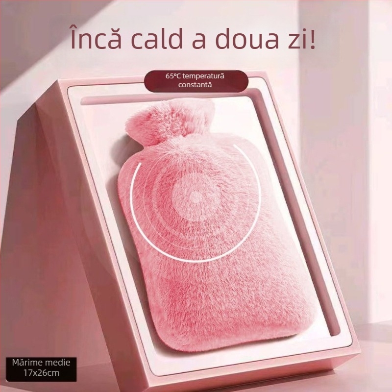 Borcanelă de apă caldă cu husă plușată, design îngroșat, temperatură reglabilă, compresie caldă pentru abdomen, umeri, gât, picioare și mâini