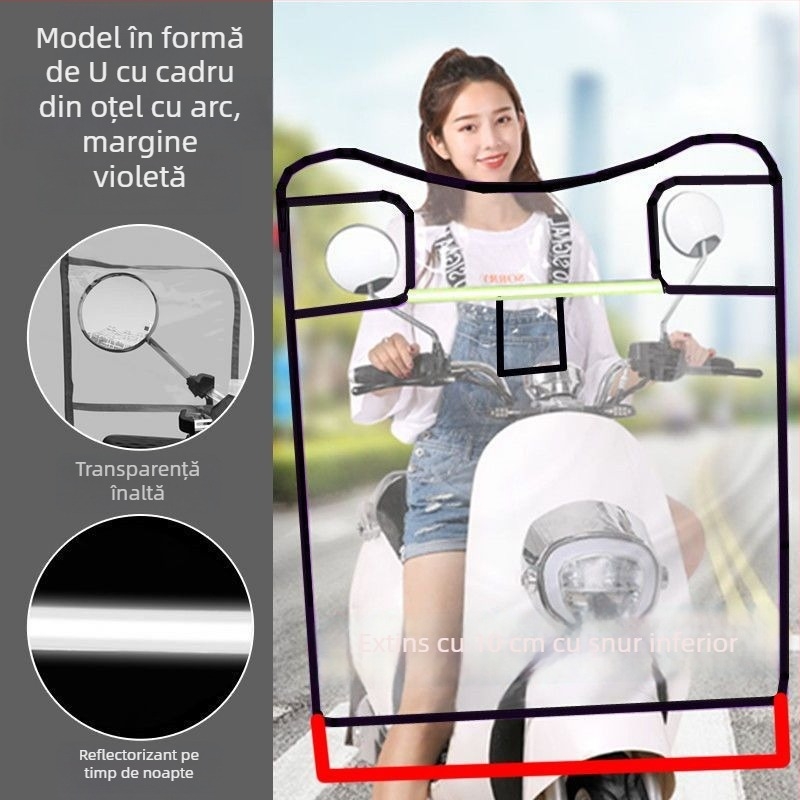 Parbriz frontal pentru motocicletă electrică, protecție împotriva vântului și ploilor, mărit și îngroșat, transparent HD
