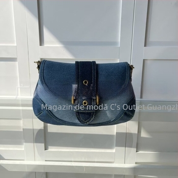 Geantă de damă tip saddle cu denim și piele, formă semilună, pentru umăr sau în mână
