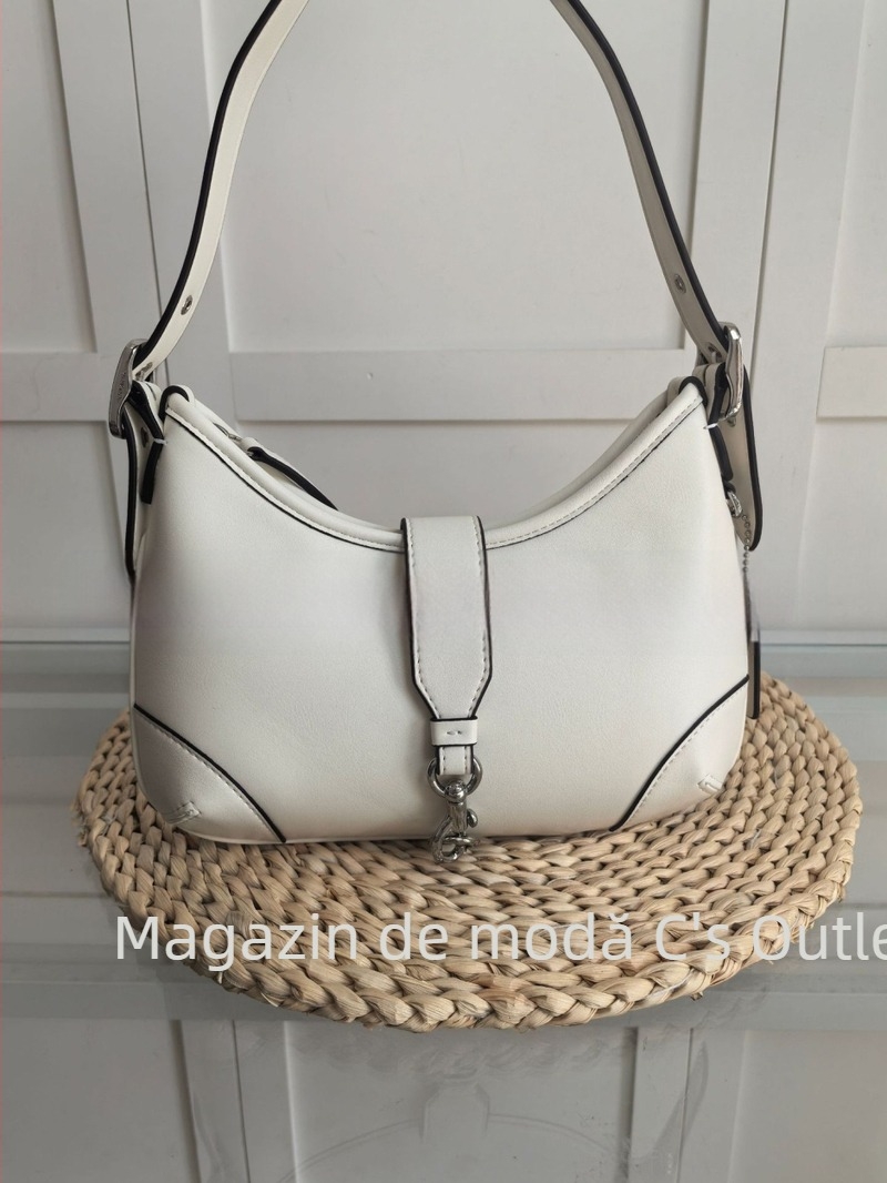 Geantă de damă tip saddle cu denim și piele, formă semilună, pentru umăr sau în mână