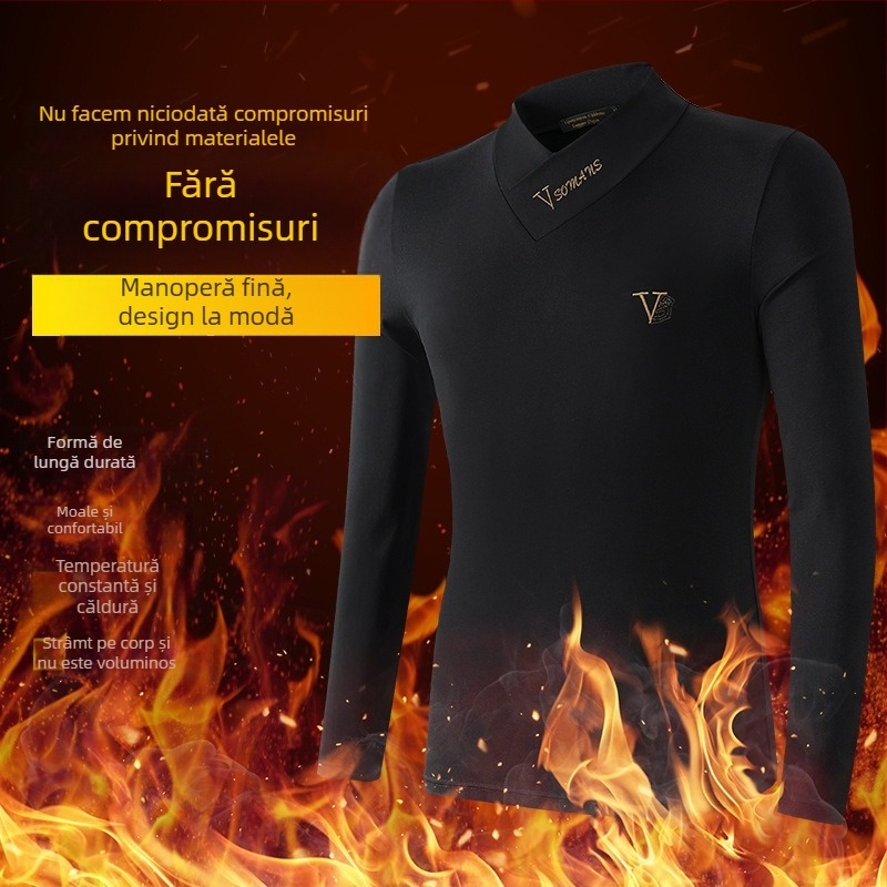 Tricou de bărbați cu căptușeală din fleece, croială slim, mânecă lungă, decolteu în V și guler înălțat