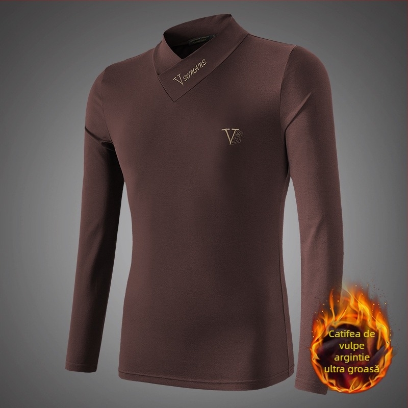 Tricou de bărbați cu căptușeală din fleece, croială slim, mânecă lungă, decolteu în V și guler înălțat