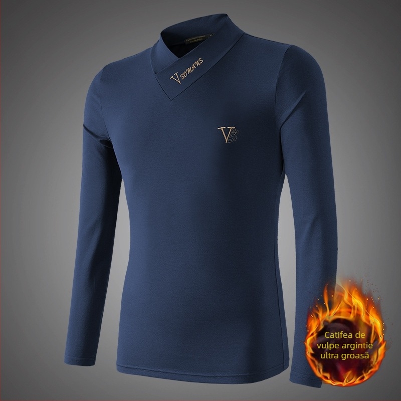 Tricou de bărbați cu căptușeală din fleece, croială slim, mânecă lungă, decolteu în V și guler înălțat