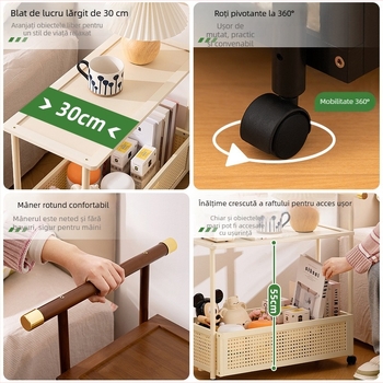 Măsuță de nopți din bambus, multifuncțională, cu roți, mobilier compact pentru dormitor