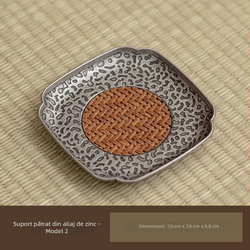 Suport pentru ceainic din aliaj și ratan, stil chinezesc, cu farfurioară pentru ceai și covoraș izolant termic – accesorii pentru set ceai