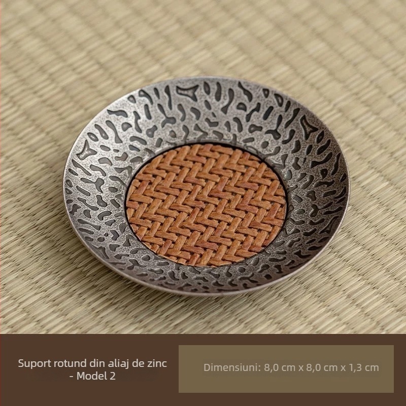 Suport pentru ceainic din aliaj și ratan, stil chinezesc, cu farfurioară pentru ceai și covoraș izolant termic – accesorii pentru set ceai