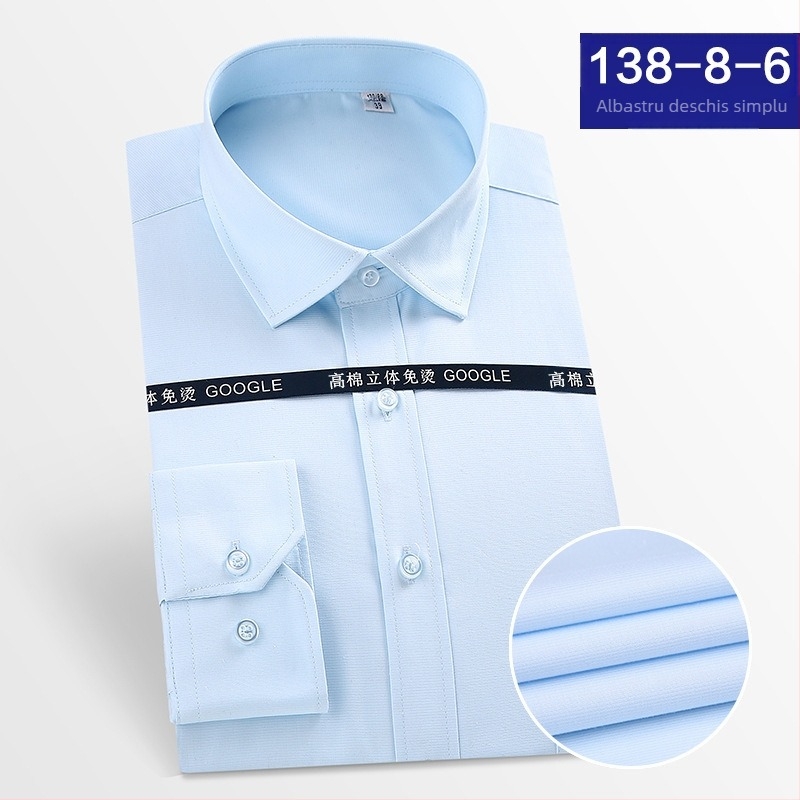 Cămașă albă de bumbac, fără călcător, croială slim, mânecă lungă, guler pătrat, pentru afaceri, cu buzunar decorativ și logo brodat