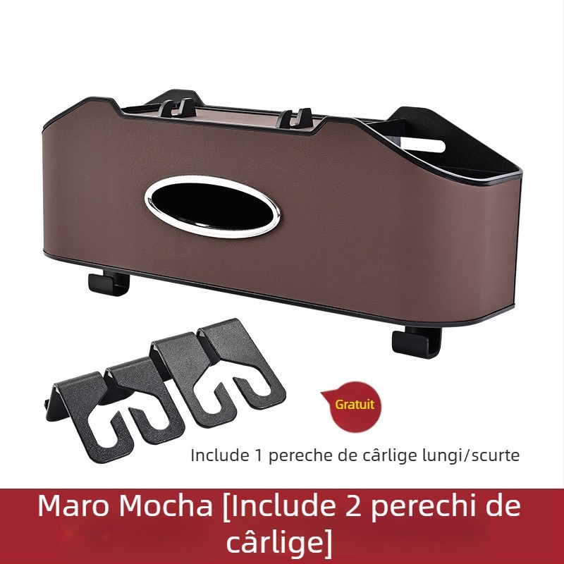 Organizator din piele pentru spatele scaunului auto, cu cutie pentru șervețele și suport pentru băuturi