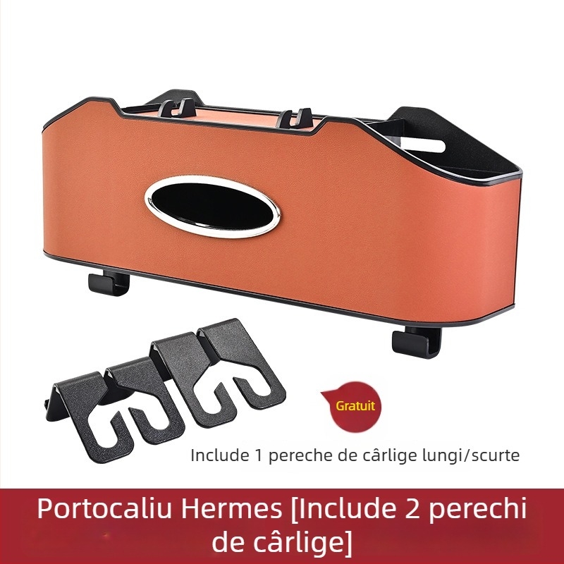 Organizator din piele pentru spatele scaunului auto, cu cutie pentru șervețele și suport pentru băuturi
