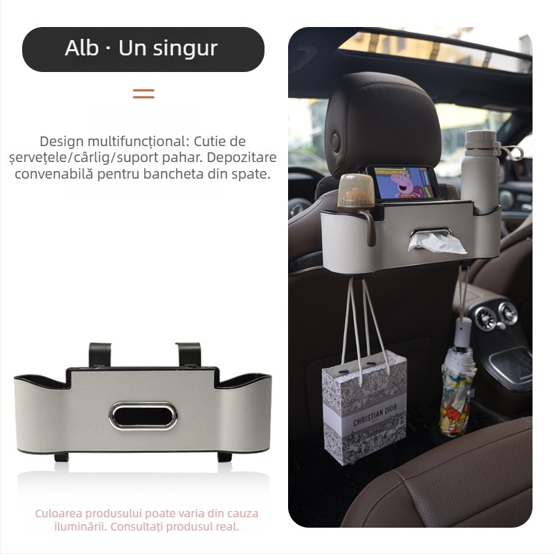 Organizator plastic pentru spatele scaunului, cu suport pentru șervețele, suport pentru pahare și spațiu de depozitare în mașină