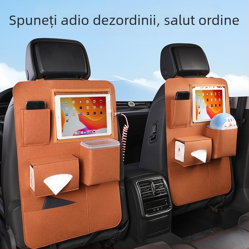 Sac de depozitare suspendat pentru scaunul din spate al mașinii, cu cutie pentru șervețele și spațiu pentru gunoi