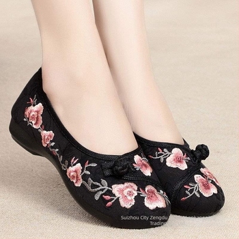 Pantofi de pânză croiți manual pentru femei, cu broderie, talpă moale, vârf rotund, stil etnic, antiderapante, respirabili, ușori pentru vară