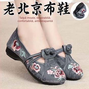 Pantofi de pânză croiți manual pentru femei, cu broderie, talpă moale, vârf rotund, stil etnic, antiderapante, respirabili, ușori pentru vară