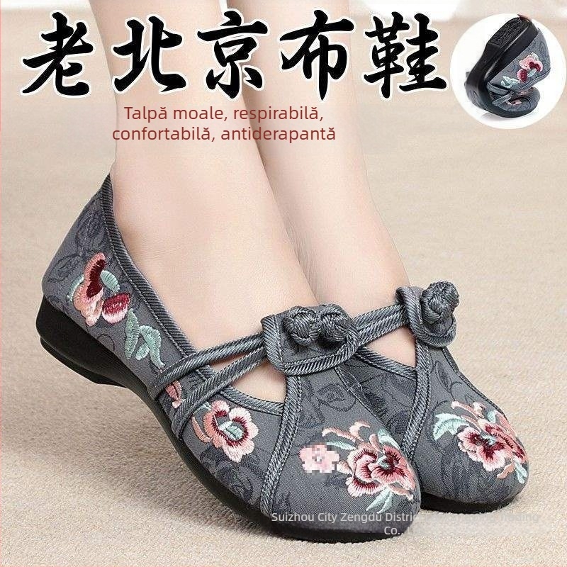 Pantofi de pânză croiți manual pentru femei, cu broderie, talpă moale, vârf rotund, stil etnic, antiderapante, respirabili, ușori pentru vară