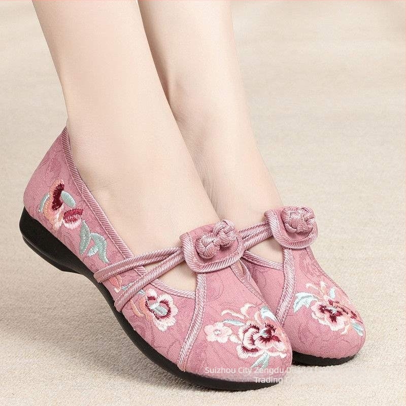 Pantofi de pânză croiți manual pentru femei, cu broderie, talpă moale, vârf rotund, stil etnic, antiderapante, respirabili, ușori pentru vară