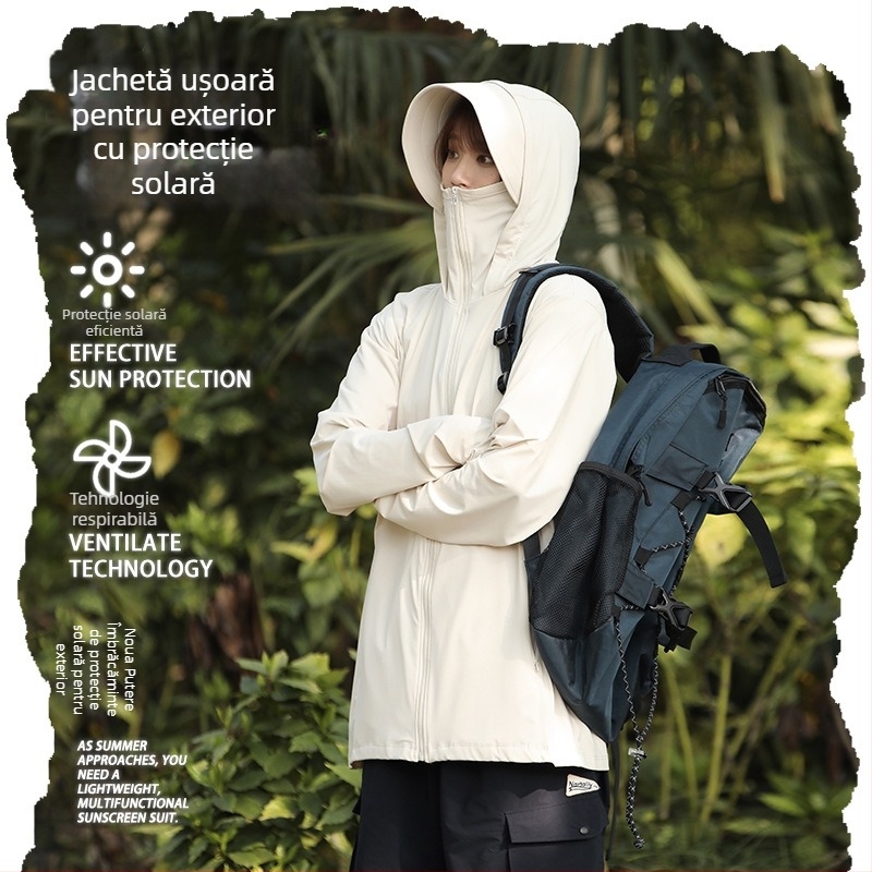 Jachetă unisex cu protecție solară, glugă, UPF50+, ușoară, respirabilă, uscare rapidă, dungată, pentru ciclism și drumeții