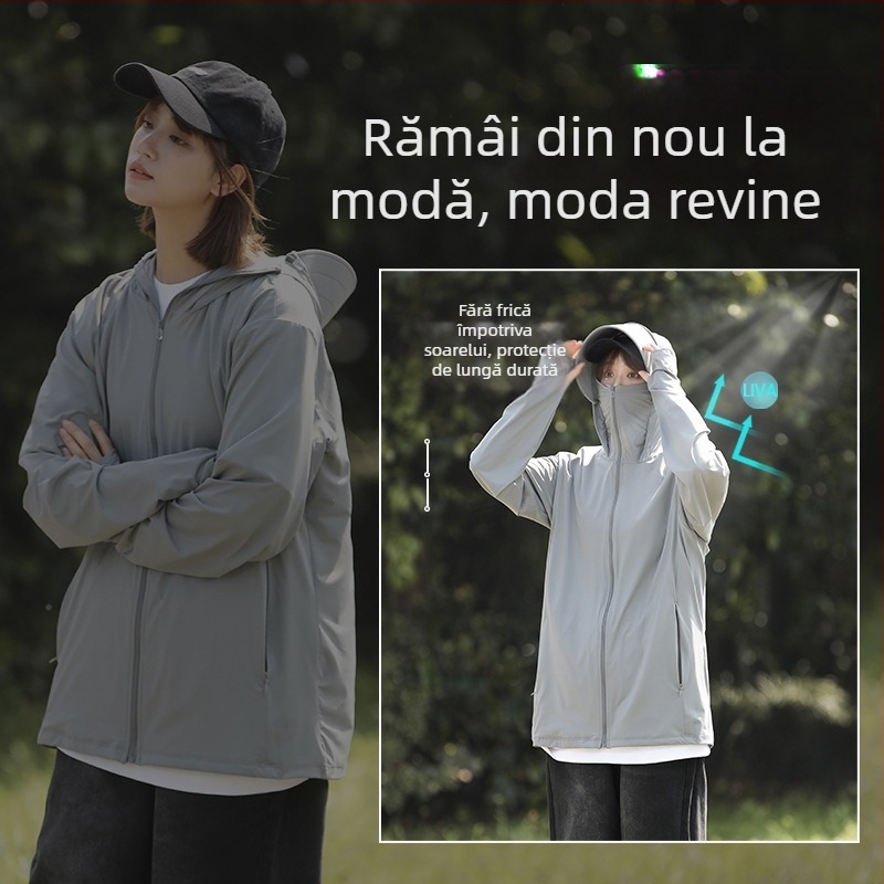 Jachetă unisex cu protecție solară, glugă, UPF50+, ușoară, respirabilă, uscare rapidă, dungată, pentru ciclism și drumeții