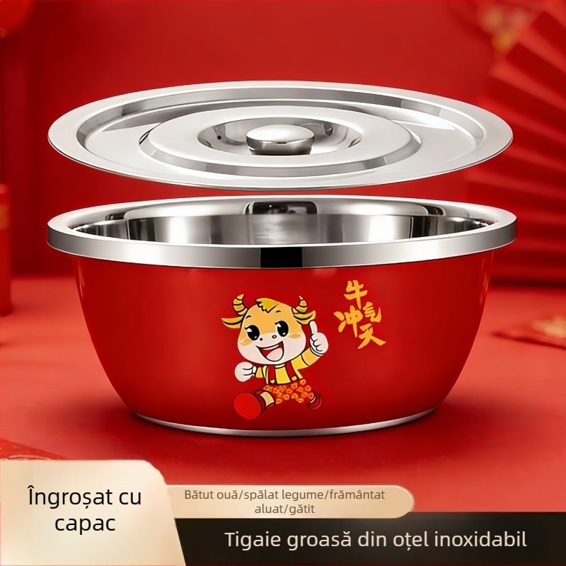 Castron din oțel inoxidabil cu capac, versiune îngroșată, pentru bucătărie de acasă, vas pentru dospirea aluatului și coacere, bol adânc pentru frământat
