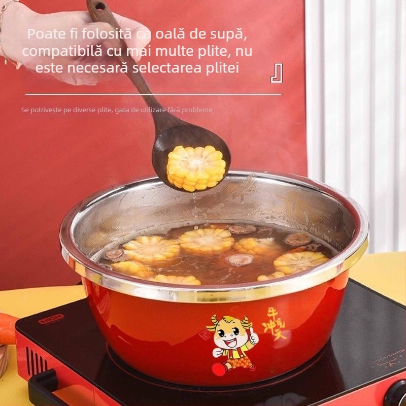 Castron din oțel inoxidabil cu capac, versiune îngroșată, pentru bucătărie de acasă, vas pentru dospirea aluatului și coacere, bol adânc pentru frământat