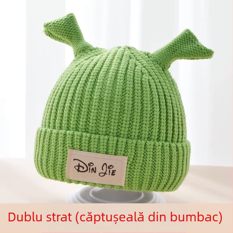 Căciulă tricotată verde pentru iarnă, caldă și drăguță, unisex pentru sugari 6–12 luni, cu protecție pentru urechi