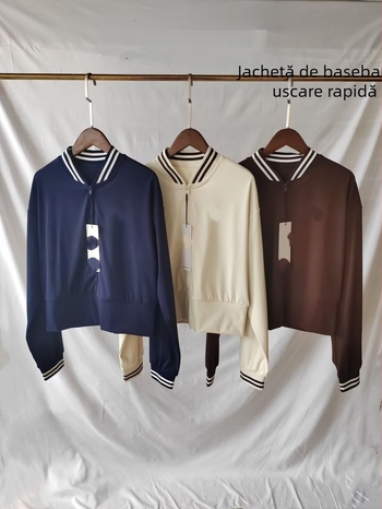 Geacă de baseball pentru femei, color-block cu dungi, potrivită pentru sport și yoga, material cu uscare rapidă.