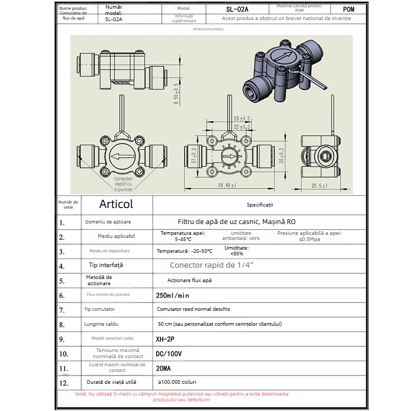 Filtru RO pentru apă potabilă directă: întrerupător de flux, alarmă pentru înlocuirea filtrului și senzor de flux, 2 PINi, 1/4 inch