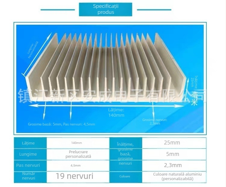 Radiator din aluminiu, profil extrudat 6063, 140 × 25 mm, pentru amplificator de putere