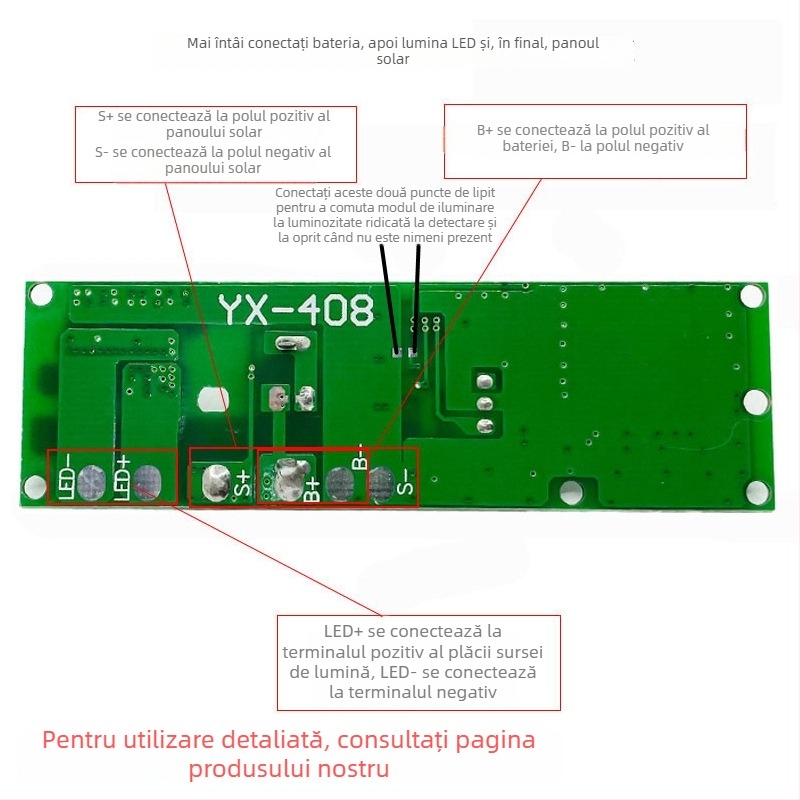 Regulator solar pentru lumină cu senzor de lumină, temporizator și senzor radar cu microunde, circuit de încărcare și descărcare pentru baterie litiu 3,7V
