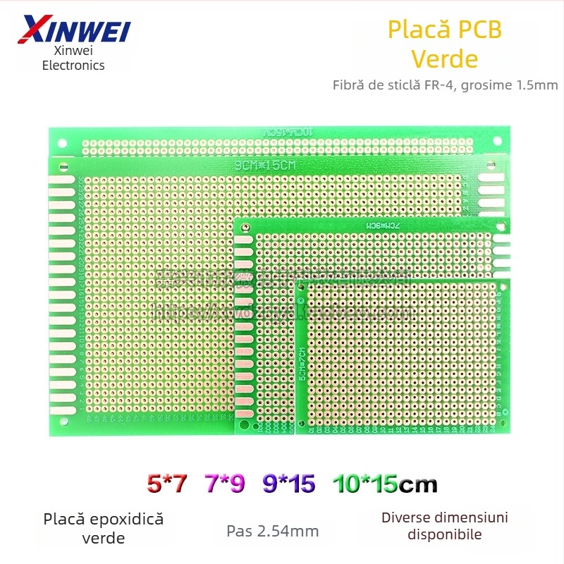 Placă universală din fibră de sticlă pentru prototipare cu găuri, dimensiuni 5×7×9×15×10×20×22×6×8 cm, mască verde de lipire