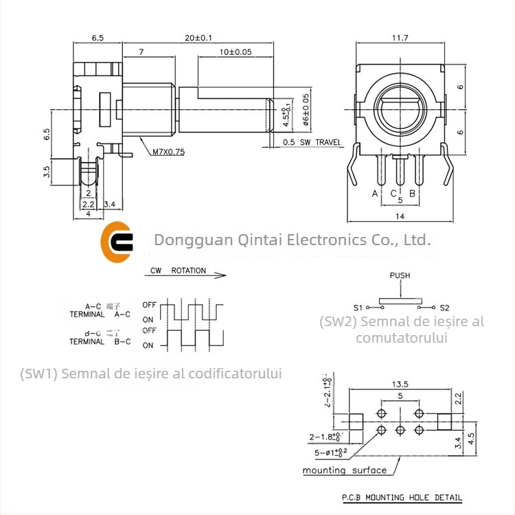Encoder rotativ vertical cu 5 pini, rotație continuă, ax metalic și întrerupător, encoder incremental