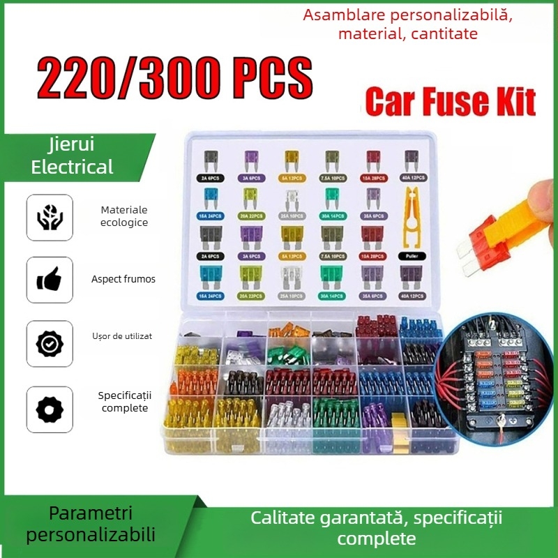 Set de siguranțe din aluminiu, dimensiuni medii și mici, în cutie, 220/300 bucăți, cu clips mic, siguranțe auto galbene