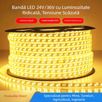 Bandă LED de joasă tensiune 24V/36V, luminozitate înaltă 2835, în două rânduri, impermeabilă pentru exterior, potrivită pentru tuneluri, mine și macarale — iluminare ambientală
