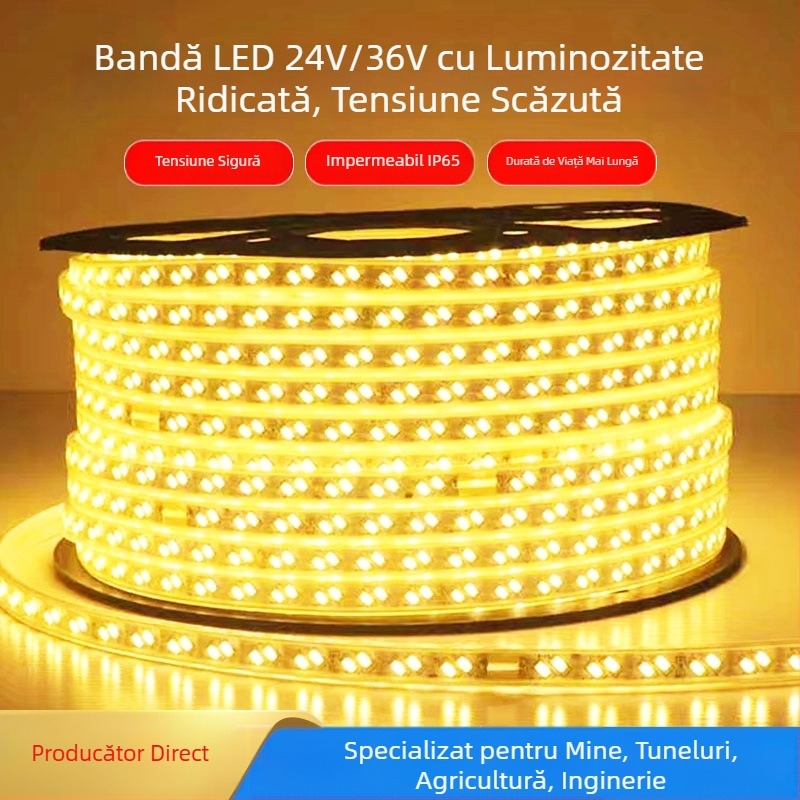 Bandă LED de joasă tensiune 24V/36V, luminozitate înaltă 2835, în două rânduri, impermeabilă pentru exterior, potrivită pentru tuneluri, mine și macarale — iluminare ambientală